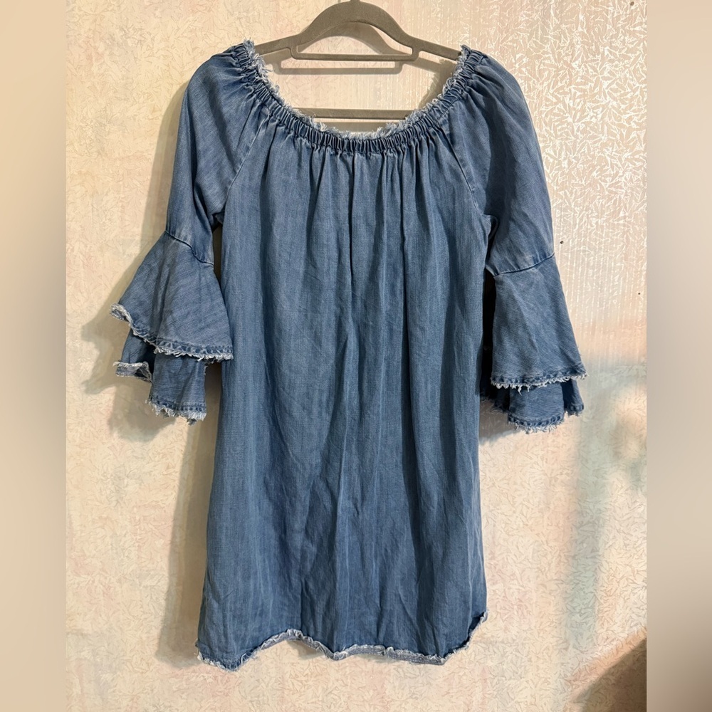 Boston Proper Medium Blue Denim Tiered Bell Sleeves, Ruff Edges, Sheath Dress. S